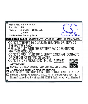 battery 3.7V 2Ah Li-ion for Smartphone Cubot P9