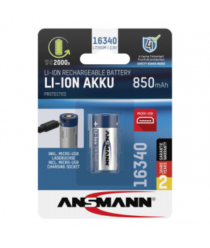 Batería USB recargable de iones de litio 16340 de 3,6 V y 850 mAh RCR123A